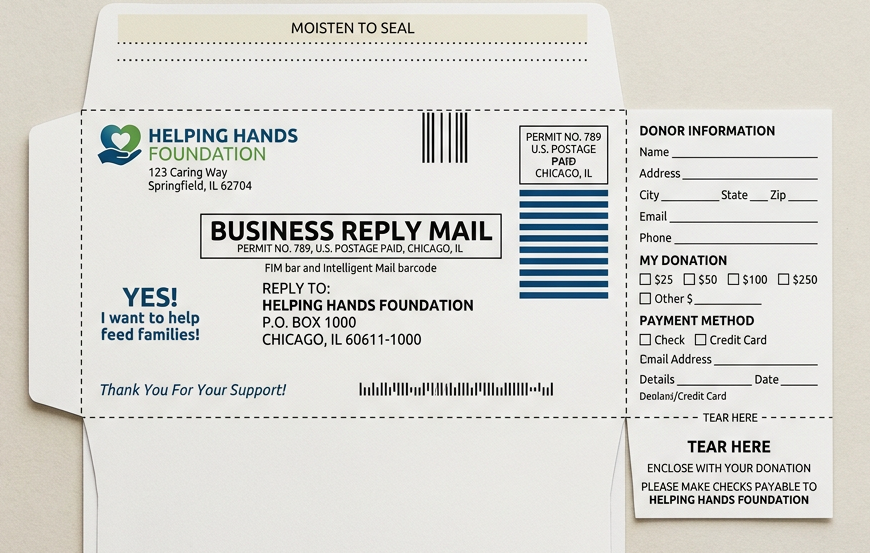 Charity reply envelope layout with donor info and donation options
